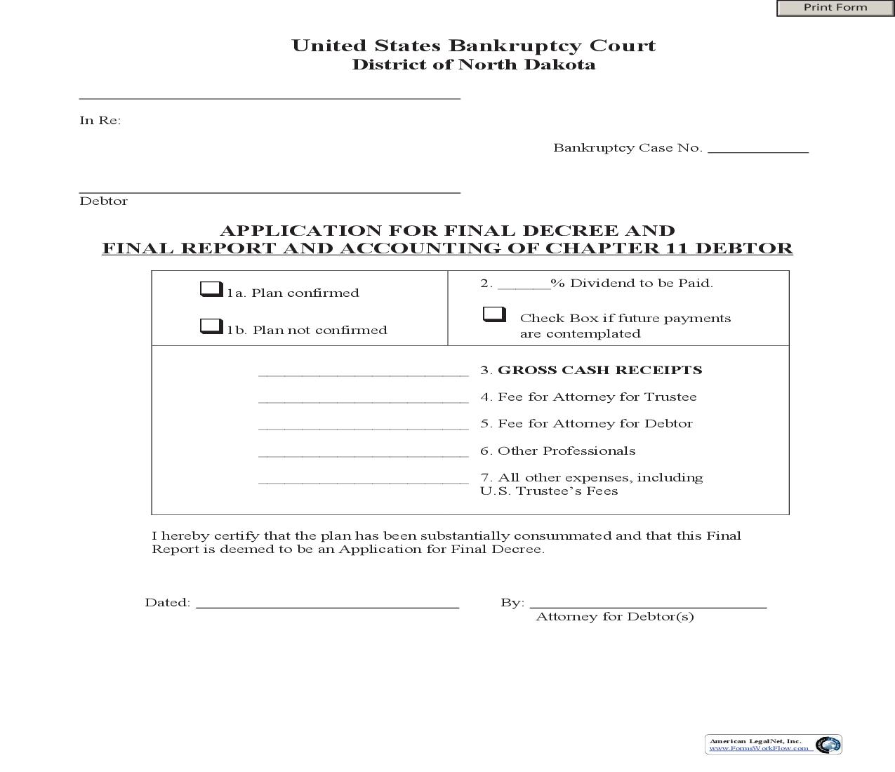 Application For Final Decree And Final Report And Accounting Of Chapter 11 Debtor | Pdf Fpdf Doc Docx | North Dakota