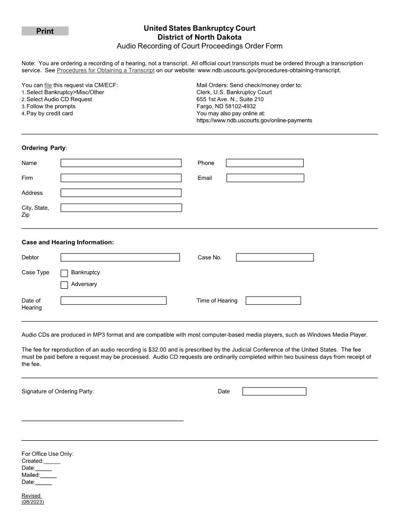 Audio Recording Of Court Proceedings Order Form | Pdf Fpdf Docx | North Dakota