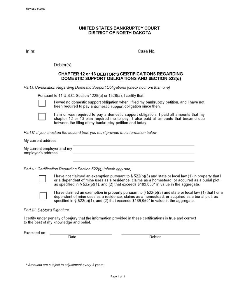 Chapter 12 Or Chapter 13 Debtors Certification Regarding Domestic Support | Pdf Fpdf Docx | North Dakota