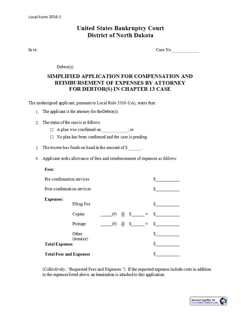 Simplified Application For Compensation And Reimbursement Of Expenses By Attorney {2016-1} | Pdf Fpdf Docx | North Dakota