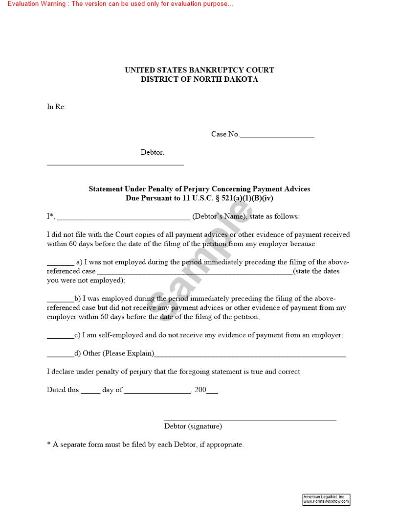 Statement Under Penalty Of Perjury Concerning Payment Advices | Pdf Fpdf Doc Docx | North Dakota
