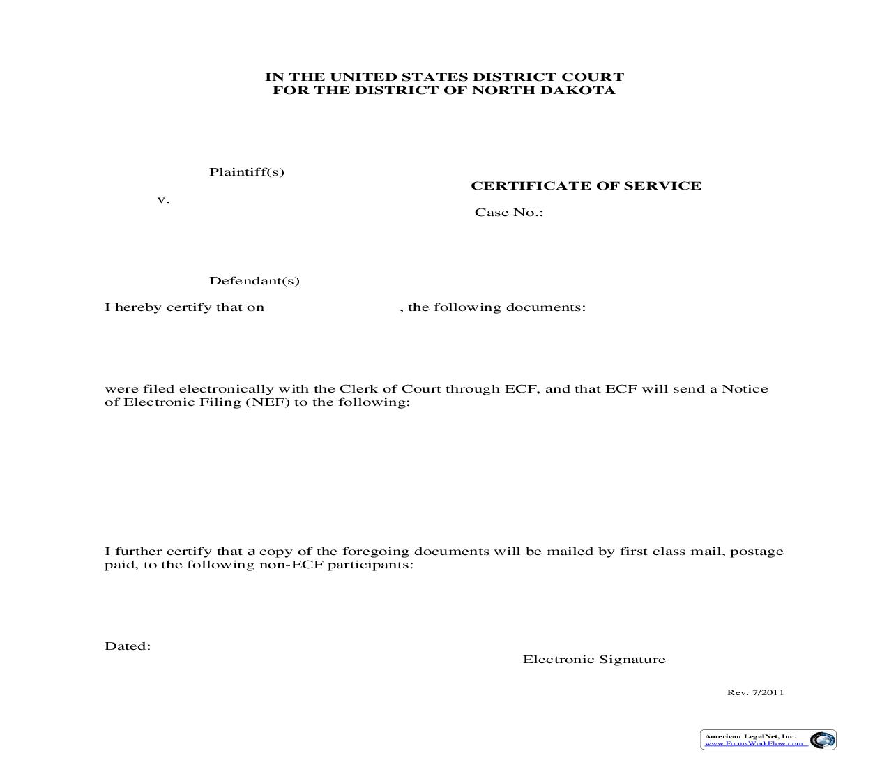 Certificate Of Service | Pdf Fpdf Doc Docx | North Dakota