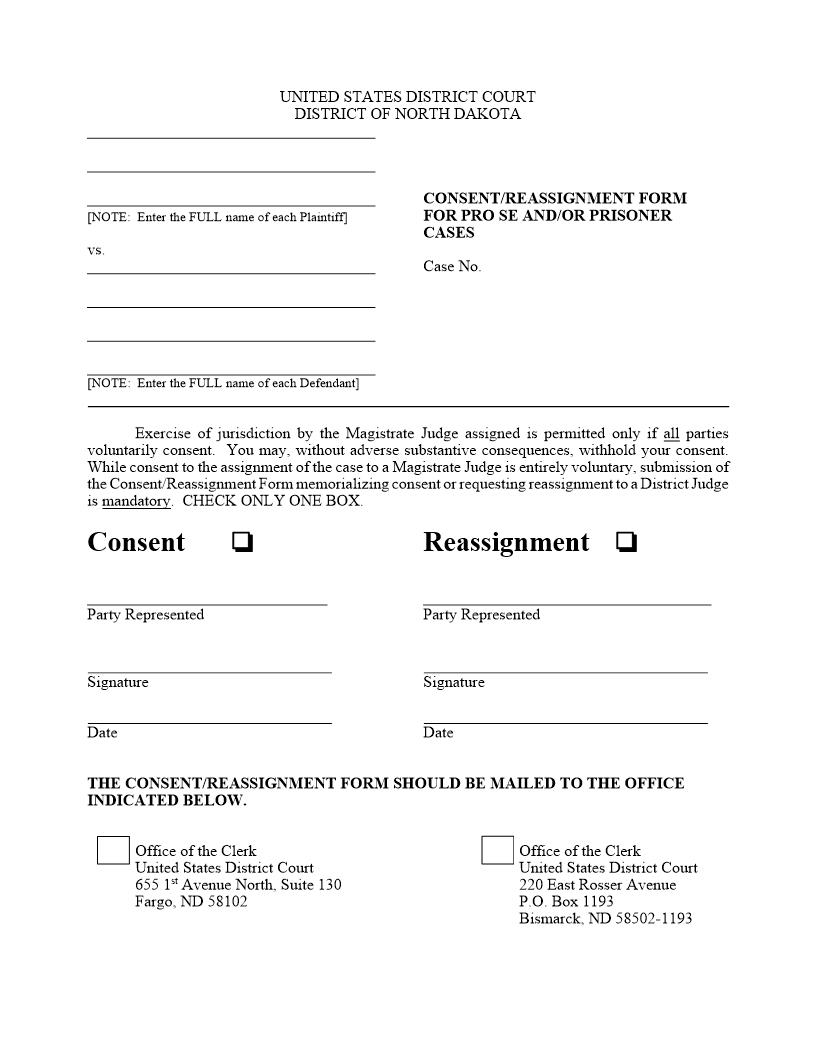 Direct Assignment-Consent-Reassignment Form-( Pro Se ) | Pdf Fpdf Docx | North Dakota