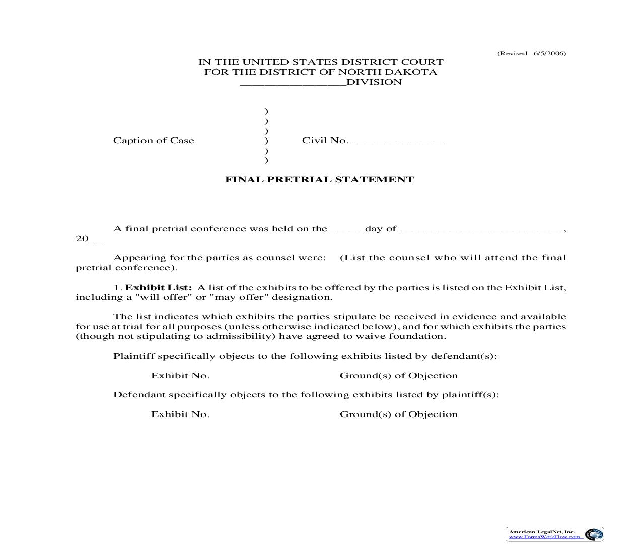 Final Pretrial Statement | Pdf Fpdf Doc Docx | North Dakota
