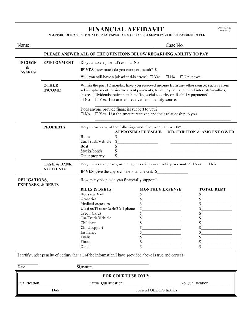Financial Affidavit | Pdf Fpdf Doc Docx | North Dakota