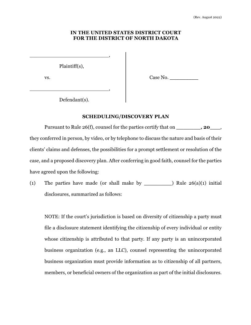 Scheduling-Discovery Plan | Pdf Fpdf Doc Docx | North Dakota