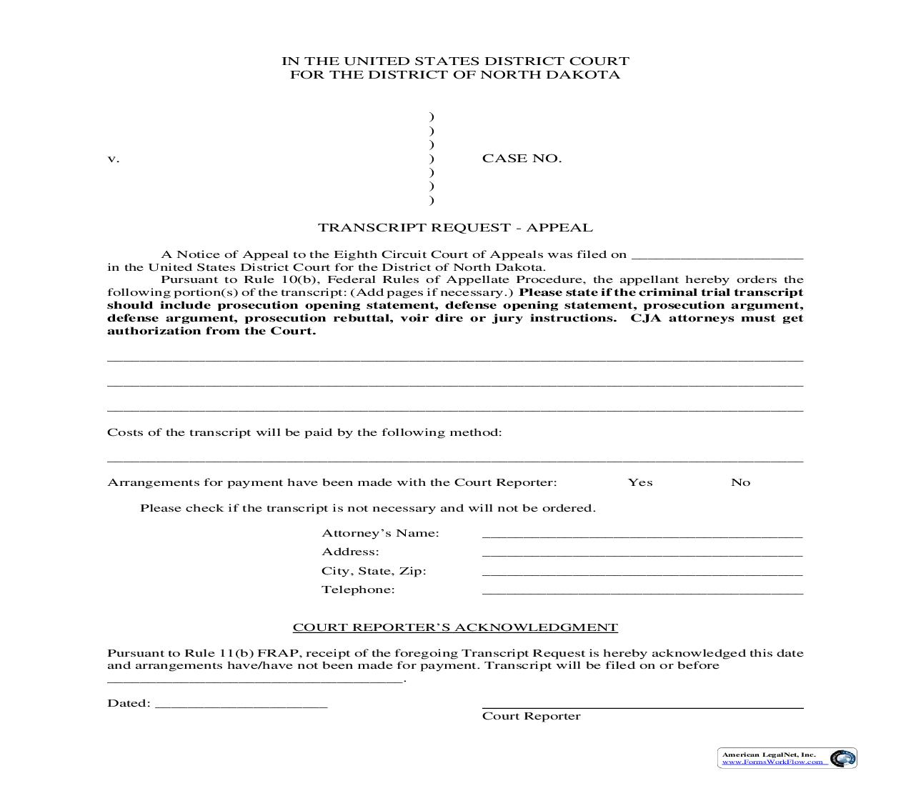 Transcript Request Appeal Non CJA | Pdf Fpdf Doc Docx | North Dakota