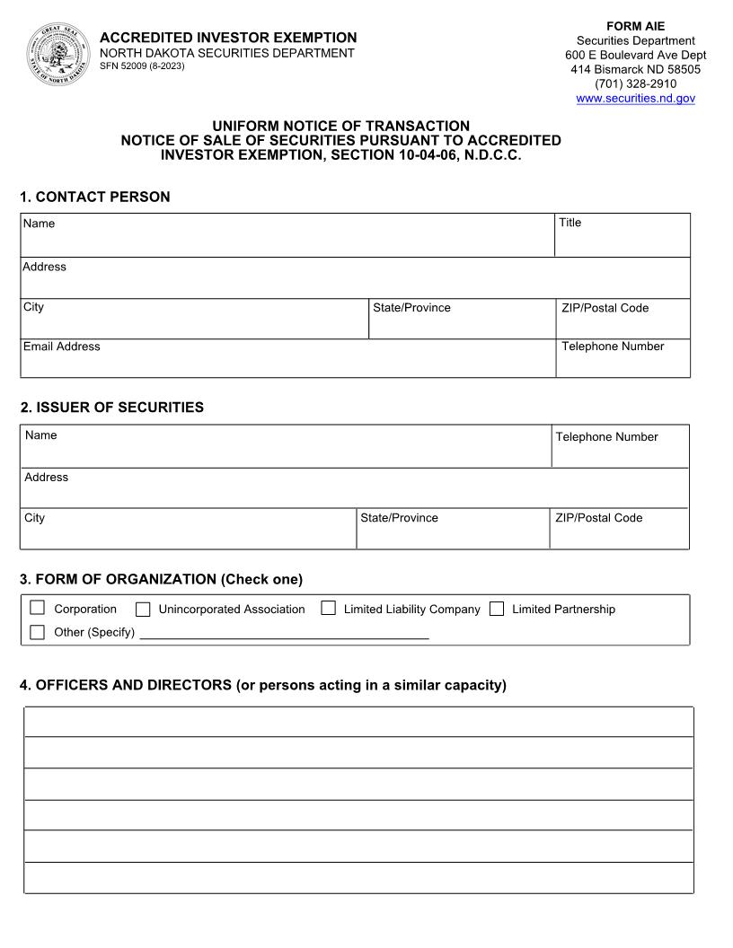 Accredited Investor Exemption {AIE} | Pdf Fpdf Doc Docx | North Dakota