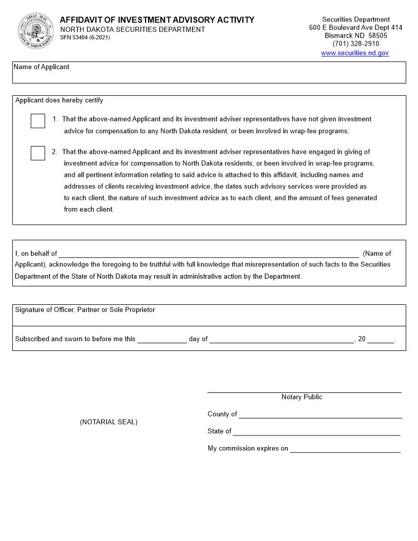 Affidavit Of Investment Advisory Activity | Pdf Fpdf Docx | North Dakota