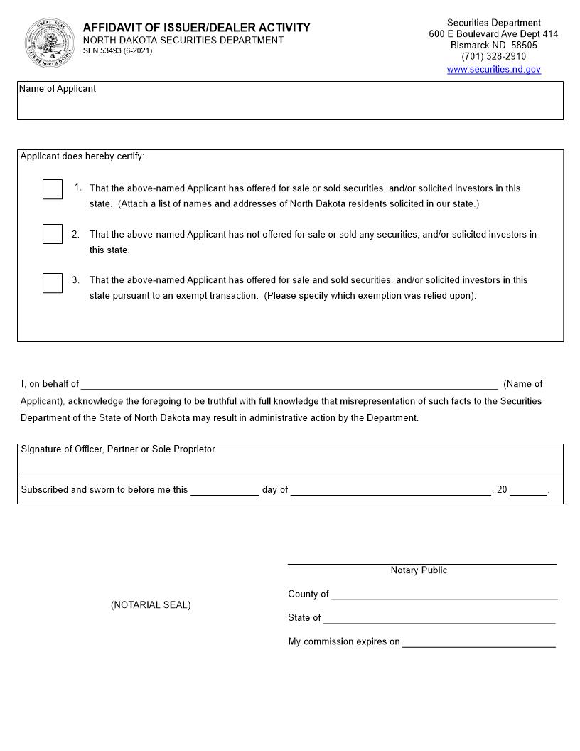 Affidavit Of Issuer-Dealer Activity {AIDA} | Pdf Fpdf Doc Docx | North Dakota