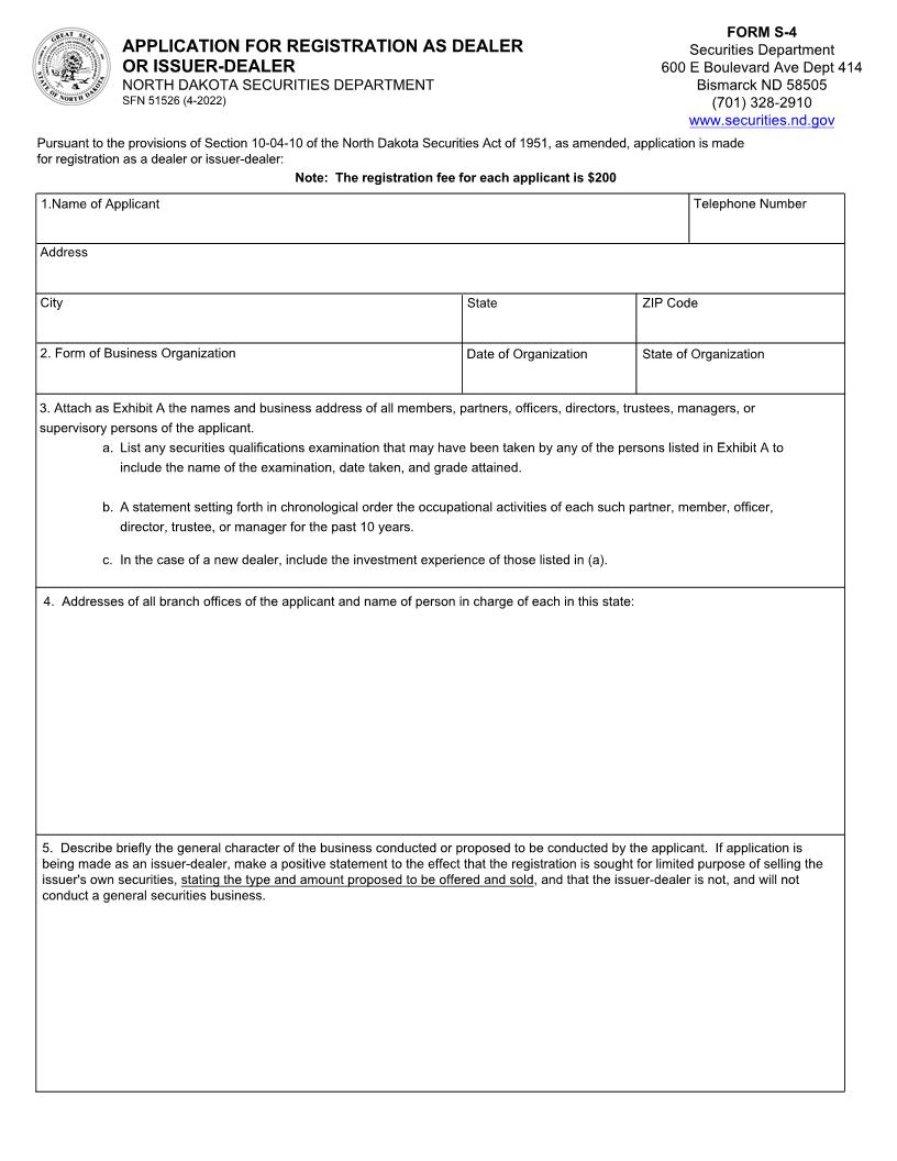 Application For Registration As Dealer {S-4} | Pdf Fpdf Doc Docx | North Dakota