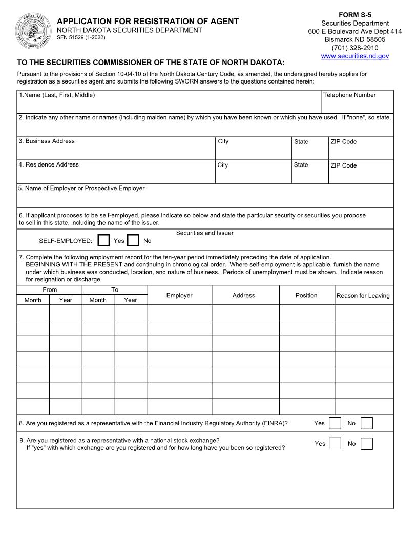 Application For Registration Of Agent (Issuer-Dealer) {S-5} | Pdf Fpdf Doc Docx | North Dakota