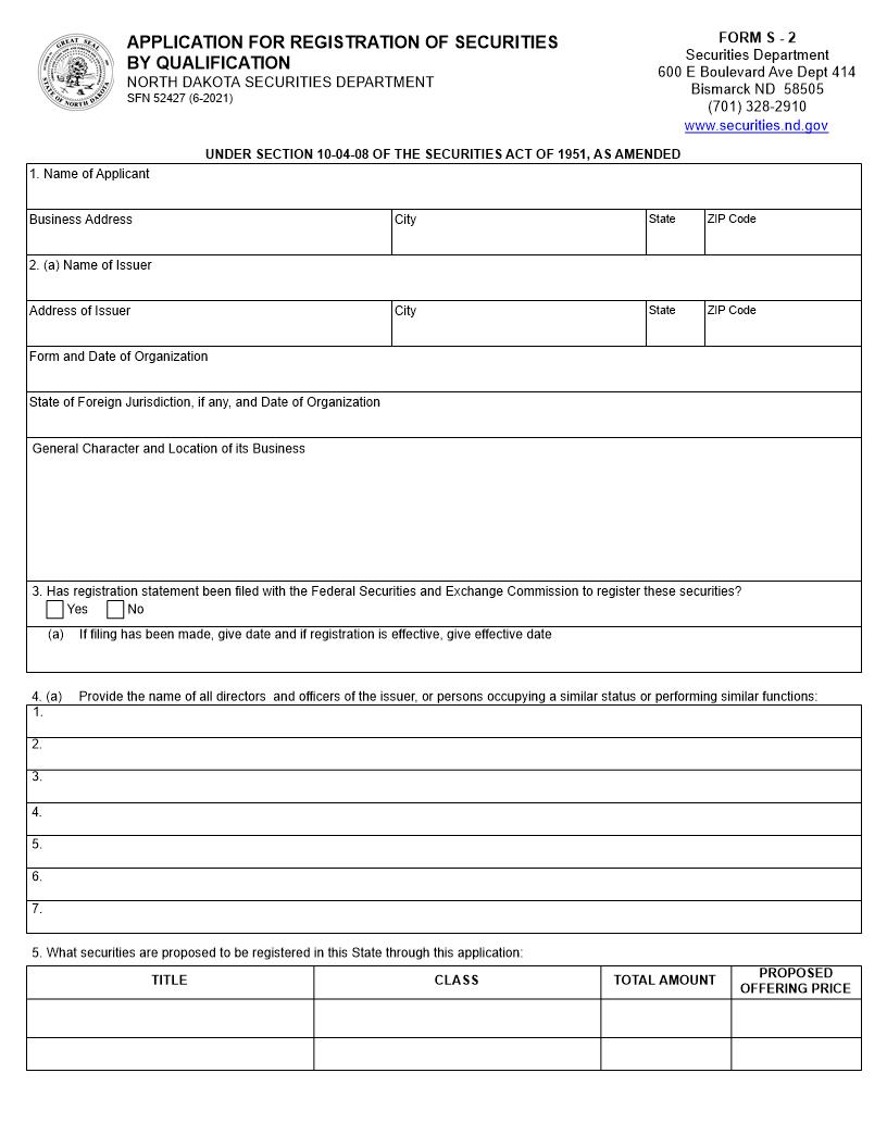 Application For Registration Of Securities By Qualification {S-2} | Pdf Fpdf Doc Docx | North Dakota