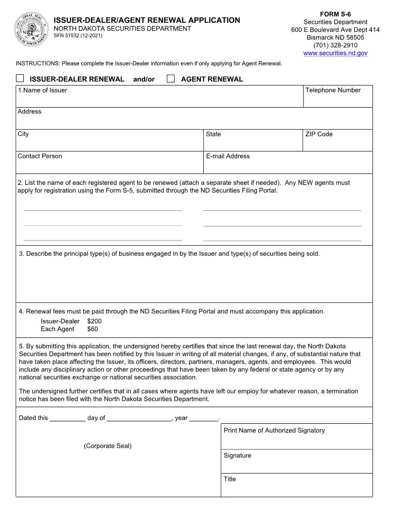 Dealer Renewal Application (Issuer-Dealer) {S-6} | Pdf Fpdf Doc Docx | North Dakota