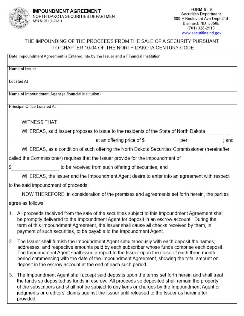 Impoundment Agreement {S-9} | Pdf Fpdf Doc Docx | North Dakota