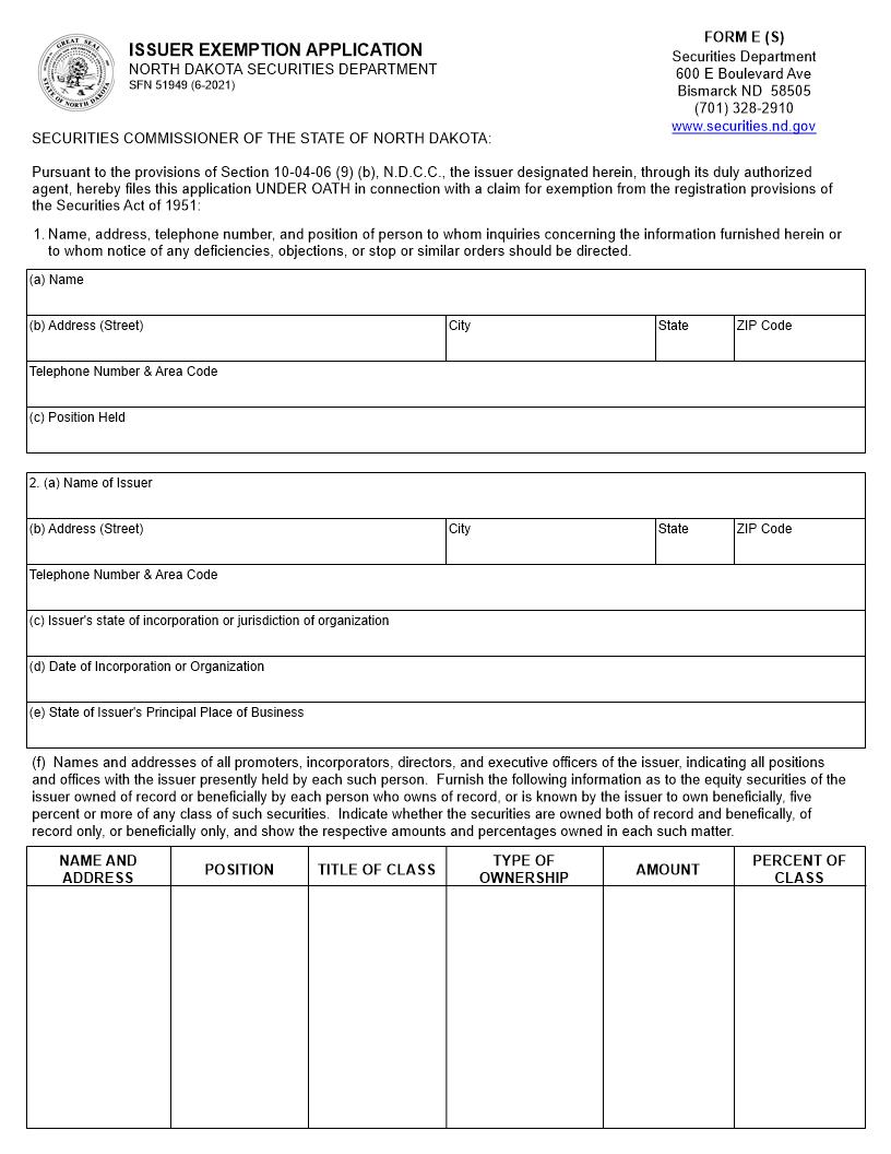 Issuer Exemption Application {E(S)} | Pdf Fpdf Doc Docx | North Dakota