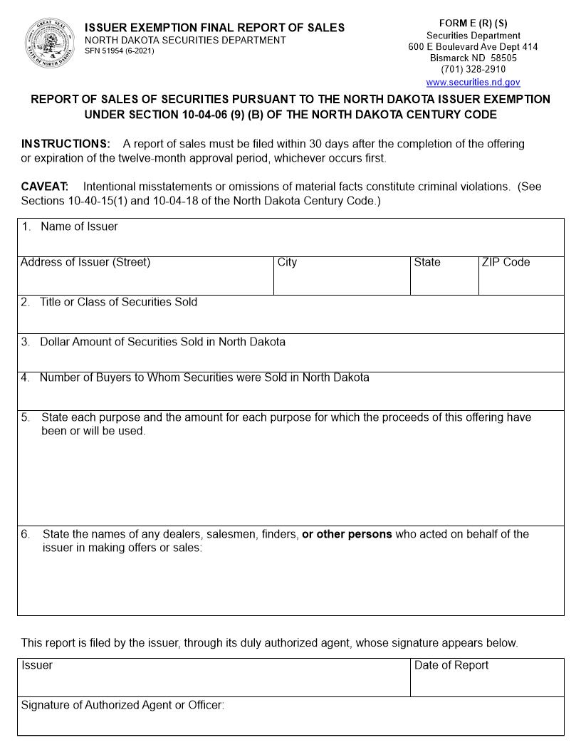 Issuer Exemption Final Report Of Sales {E(R)(S)} | Pdf Fpdf Doc Docx | North Dakota