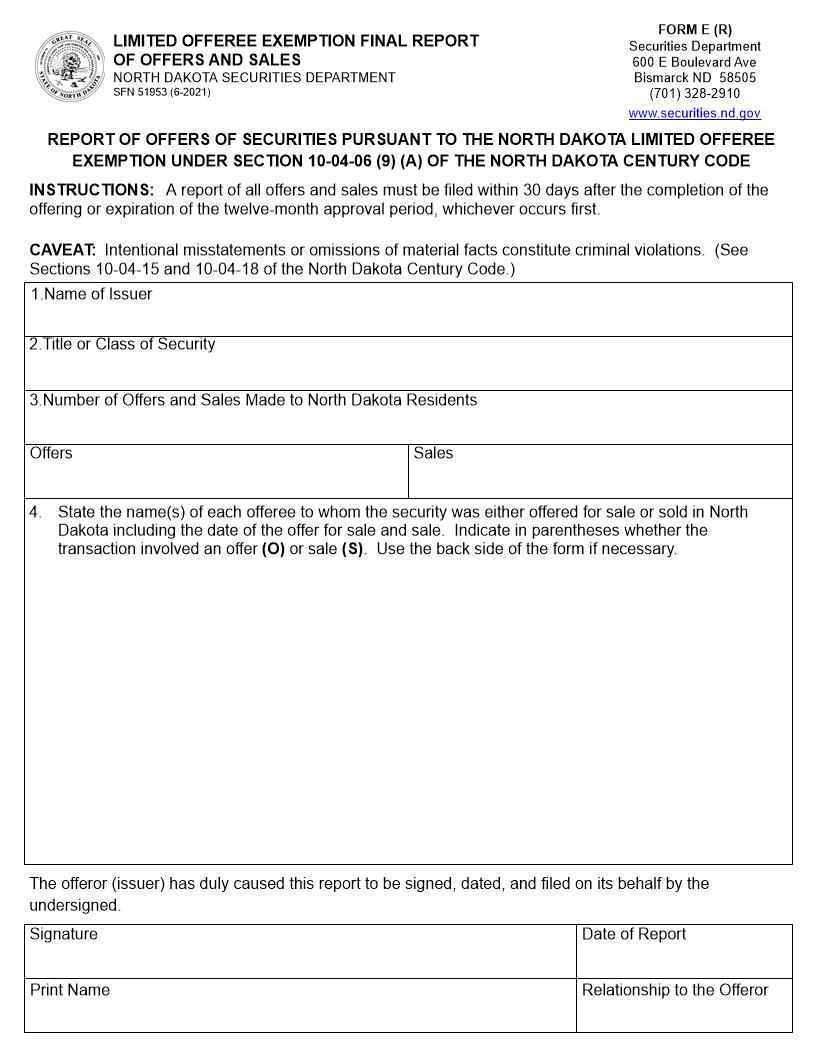 Limited Offeree Exemption Final Report Of Offers And Sales {E(R)} | Pdf Fpdf Doc Docx | North Dakota