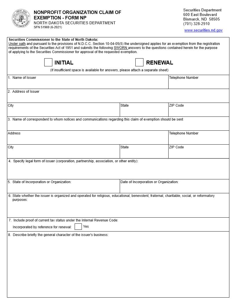 Nonprofit Organization Claim Of Exemption {NP} | Pdf Fpdf Doc Docx | North Dakota