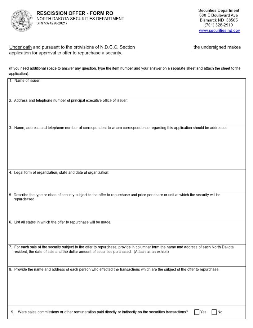 Rescission Offer (RO) {SFN 53742} | Pdf Fpdf Docx | North Dakota