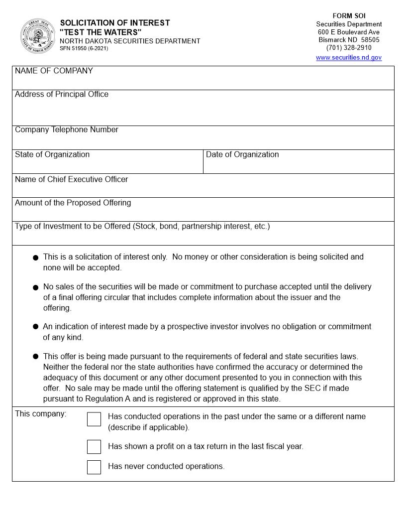 Solicitation Of Interest Form (Test The Waters) {SOI} | Pdf Fpdf Doc Docx | North Dakota