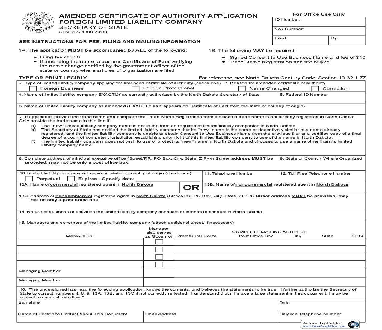 Amended Certificate Of Authority Foreign Limited Liability Company Application {SFN 51734} | Pdf Fpdf Doc Docx | North Dakota