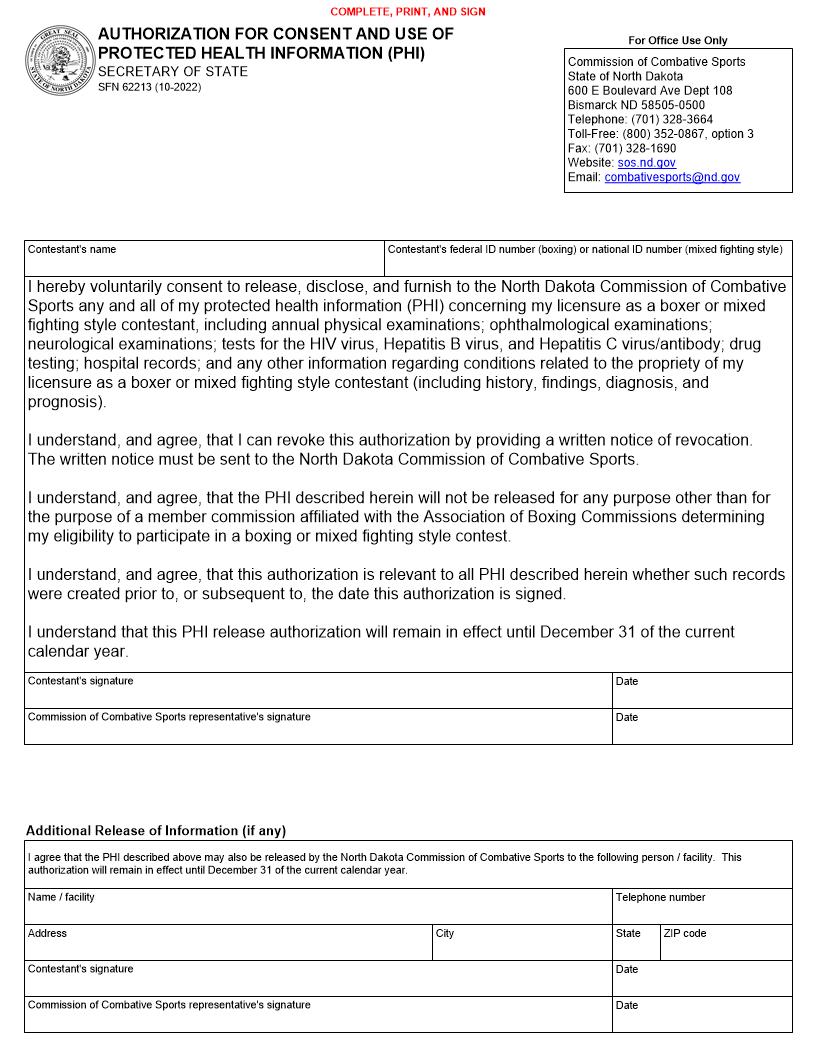 Authorization For Consent And Use Of Protected Health Information (PHI) {SFN 62213} | Pdf Fpdf Docx | North Dakota