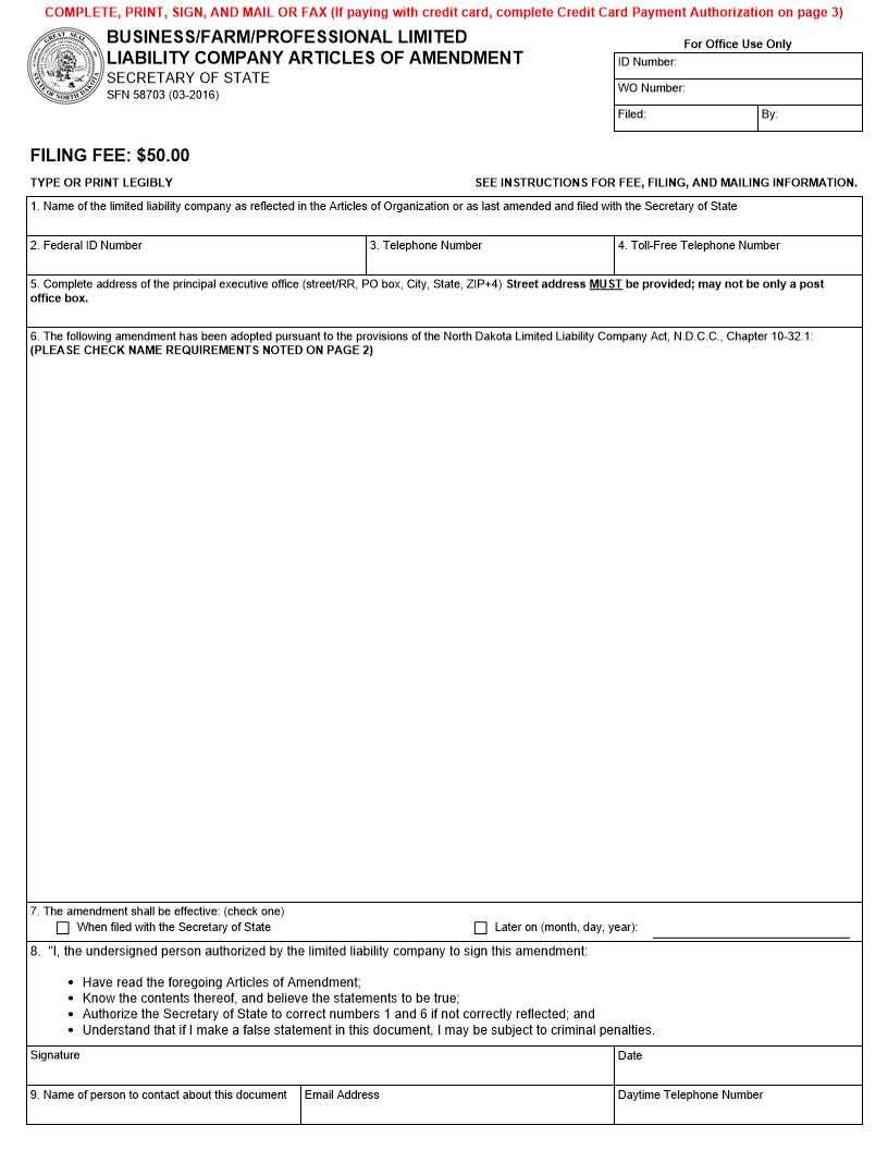 Business-Farm-Professional Limited Liability Company Articles Of Amendment {SFN 58703} | Pdf Fpdf Docx | North Dakota