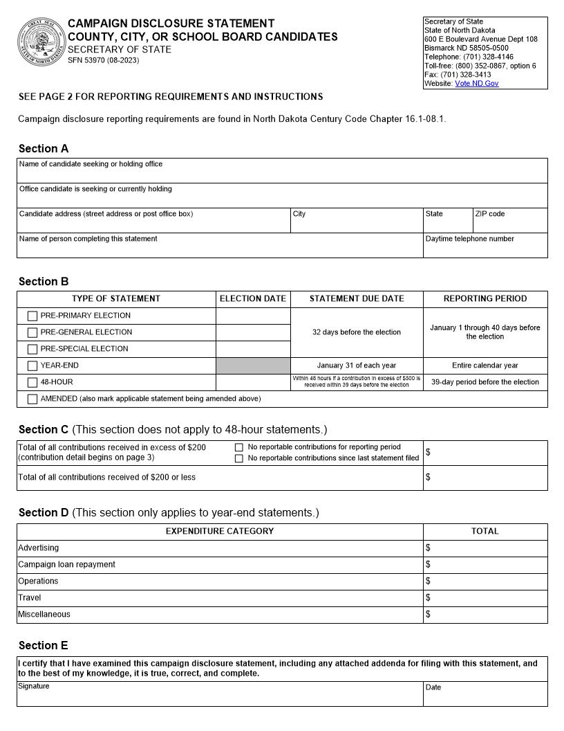 Campaign Disclosure Statement County Or City Candidates {SFN 53970} | Pdf Fpdf Docx | North Dakota