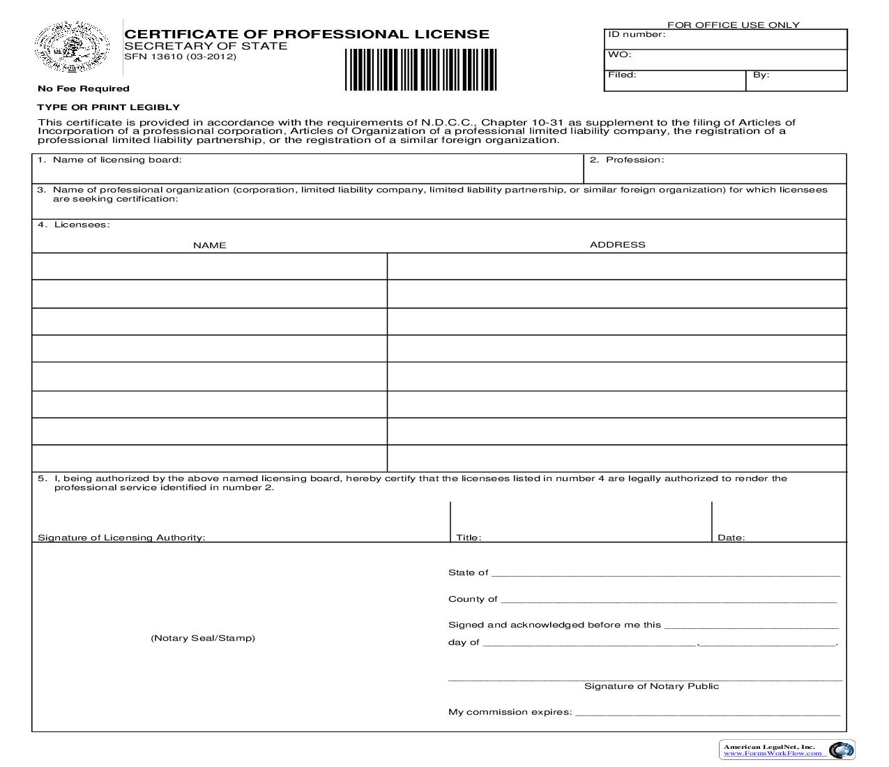 Certificate Of Professional License {SFN 13610} | Pdf Fpdf Doc Docx | North Dakota