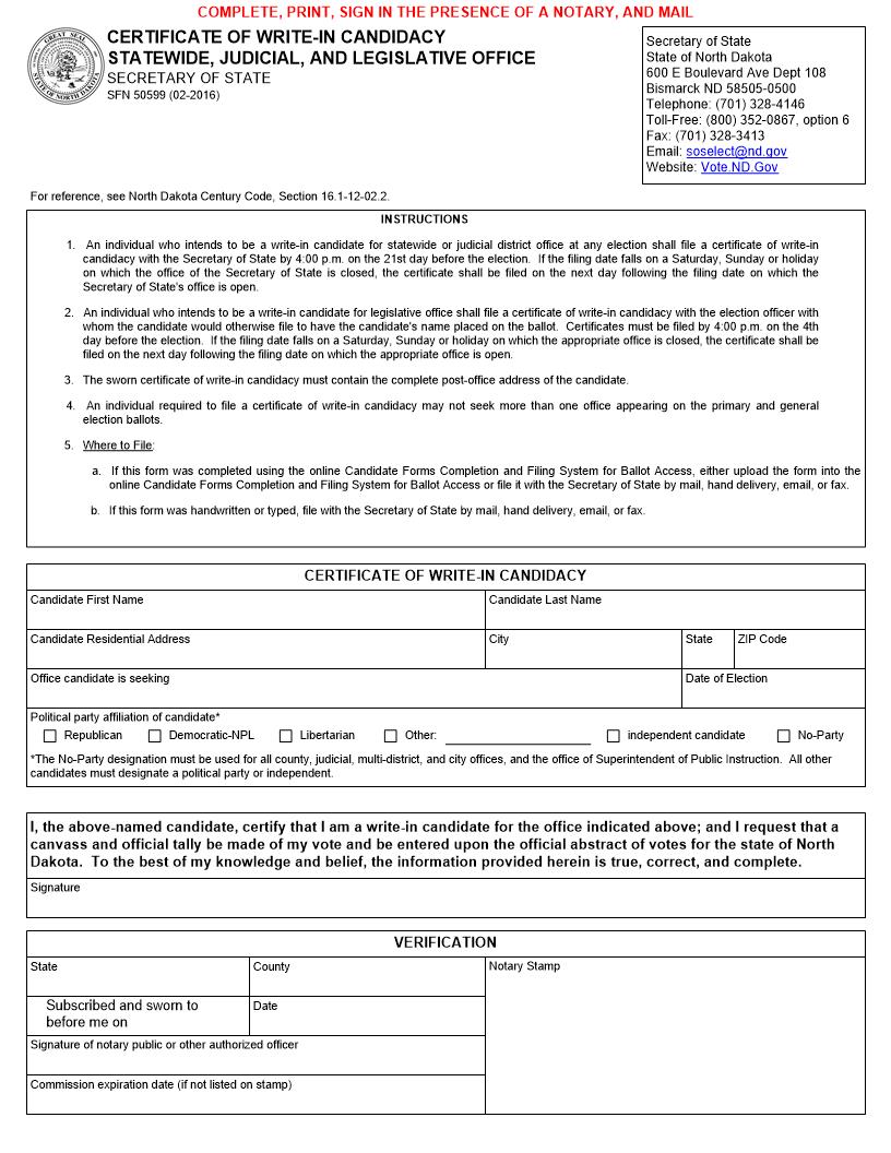 Certificate Of Write-In Candidacy Statewide Judicial And Legislative Office {SFN 50599} | Pdf Fpdf Docx | North Dakota
