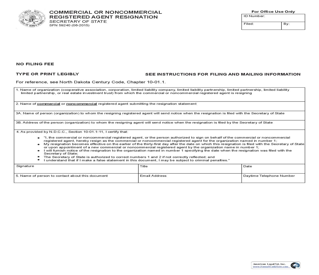 Commercial Or Noncommercial Registered Agent Resignation {SFN 59240} | Pdf Fpdf Doc Docx | North Dakota