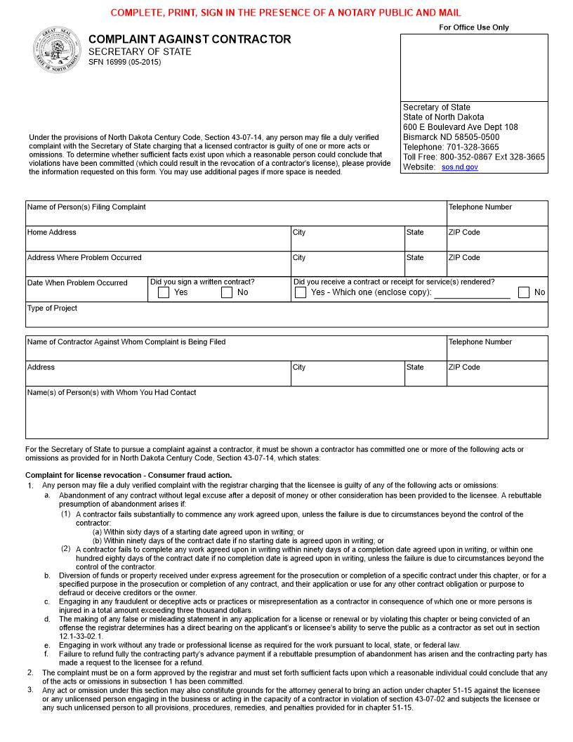 Complaint Against Contractor {SFN 16999} | Pdf Fpdf Docx | North Dakota