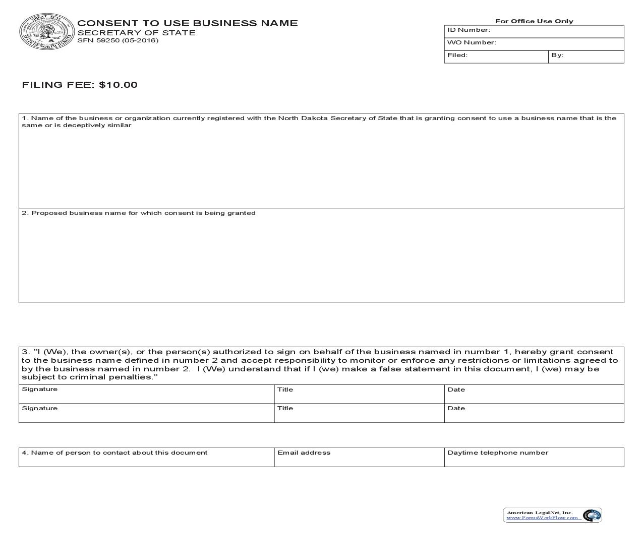 Consent To Use Business Name {SFN 59250} | Pdf Fpdf Doc Docx | North Dakota