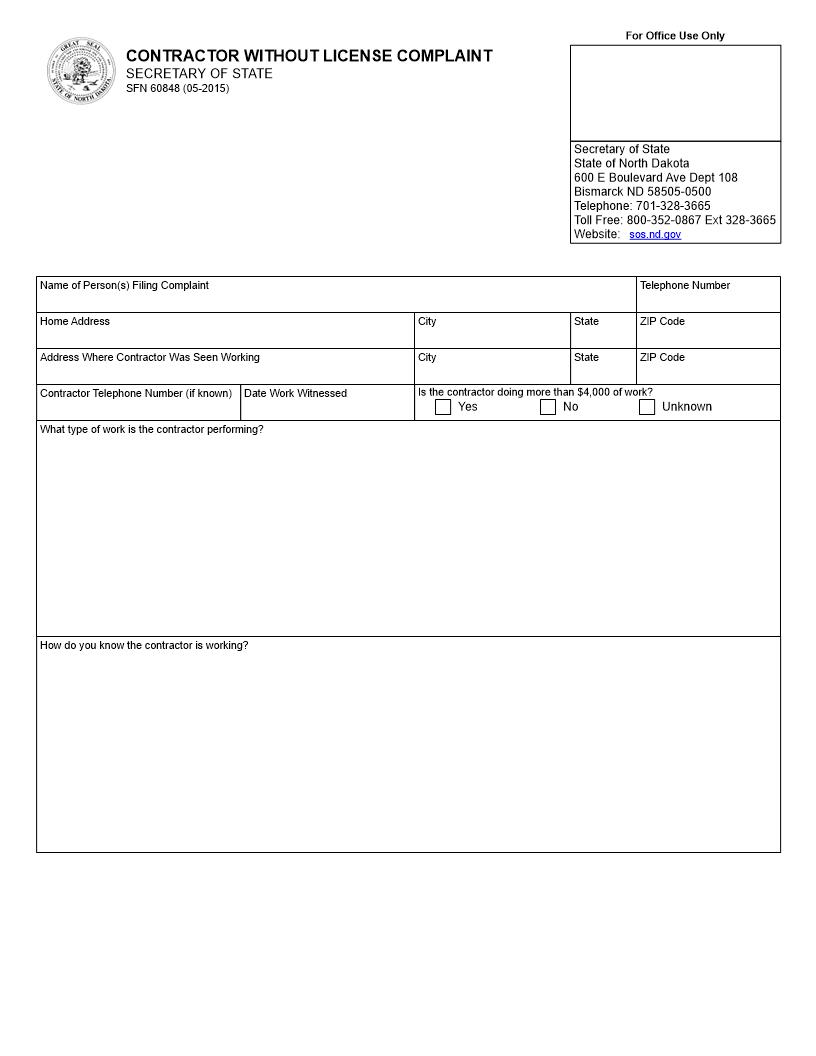 Contractor Without License Complaint {SFN 60848} | Pdf Fpdf Docx | North Dakota