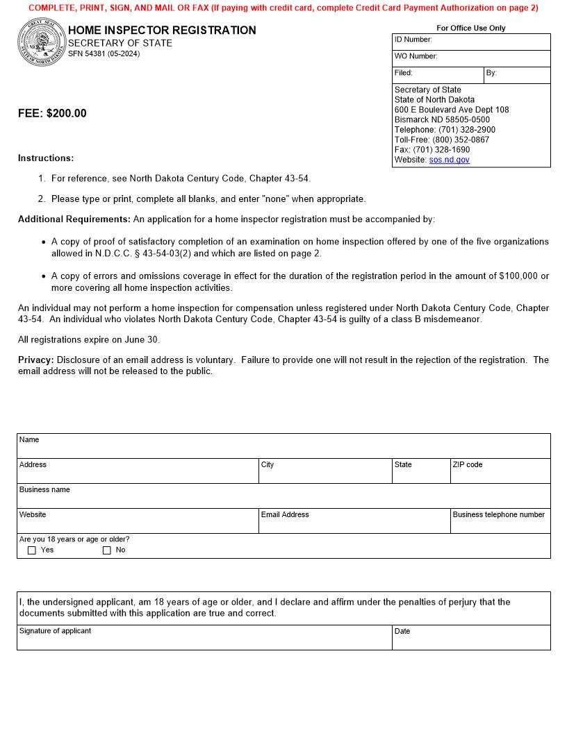 Home Inspector Registration {SFN 54381} | Pdf Fpdf Docx | North Dakota