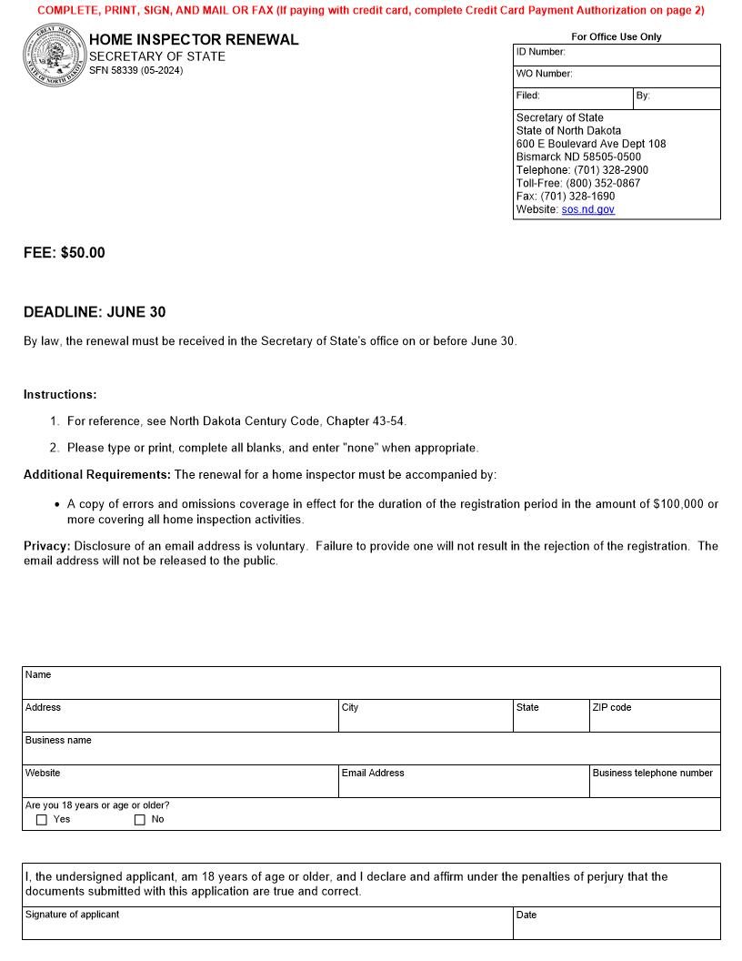 Home Inspector Renewal {SFN 58339} | Pdf Fpdf Docx | North Dakota