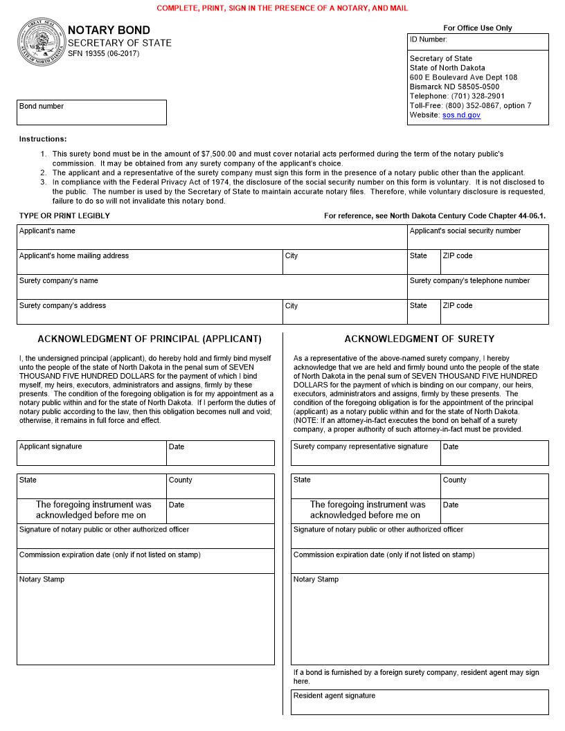 Notary Bond {SFN 19355} | Pdf Fpdf Docx | North Dakota