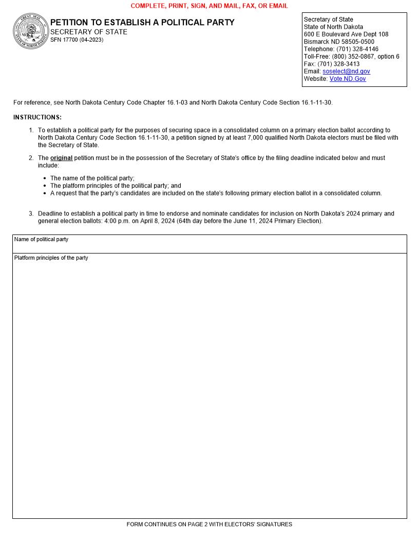 Petition To Establish A Political Party {SFN 17700} | Pdf Fpdf Docx | North Dakota