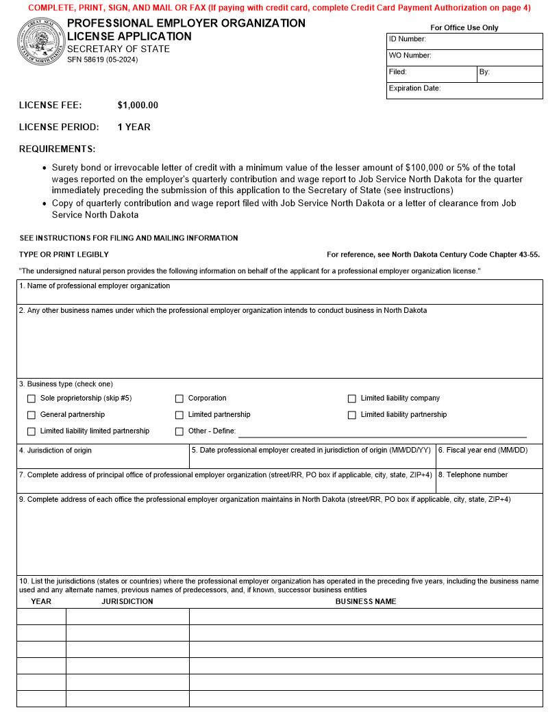 Professional Employer Organization License Application {SFN 58619} | Pdf Fpdf Docx | North Dakota