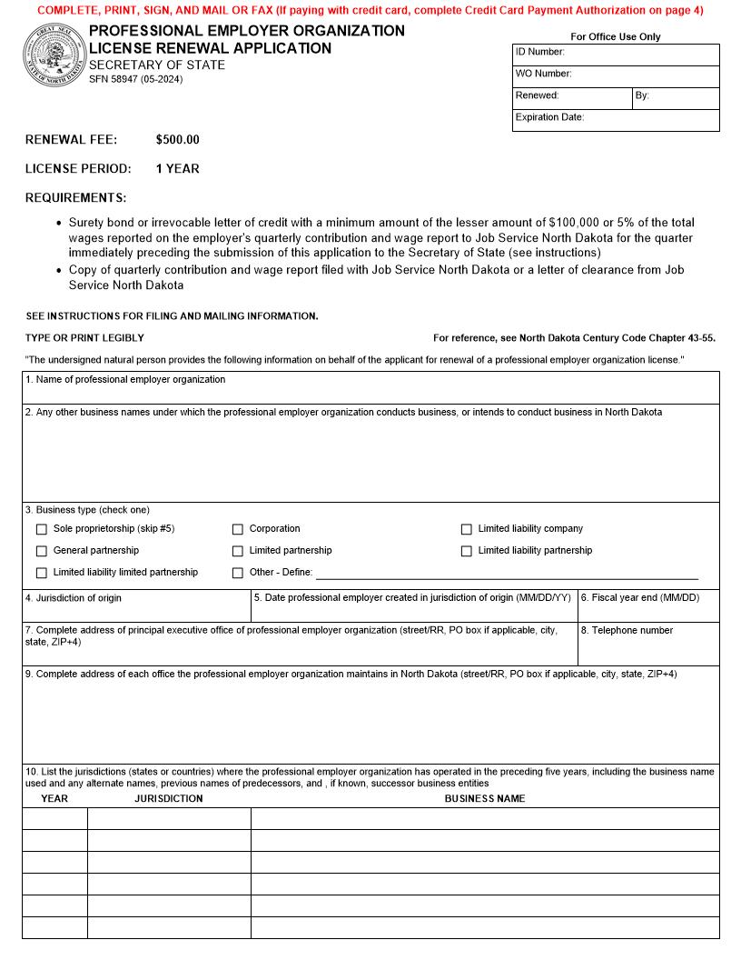 Professional Employer Organization License Renewal Application {SFN 58947} | Pdf Fpdf Docx | North Dakota