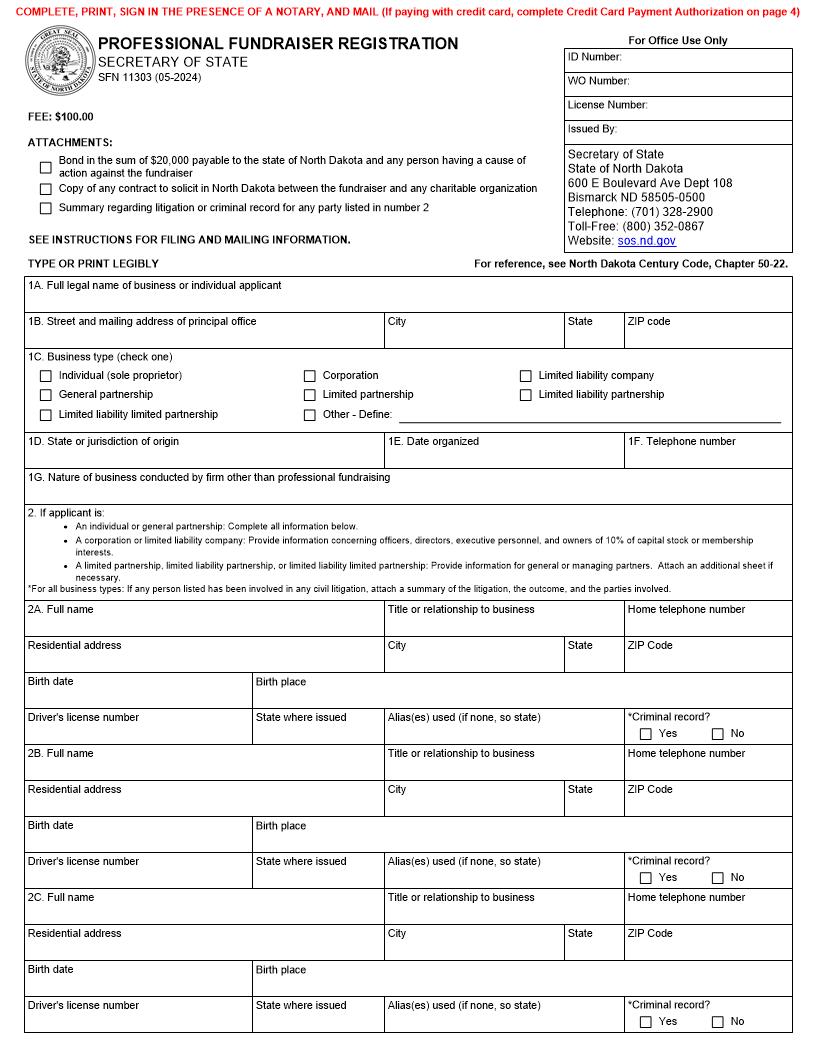 Professional Fundraiser Registration (SFN 11303} | Pdf Fpdf Docx | North Dakota