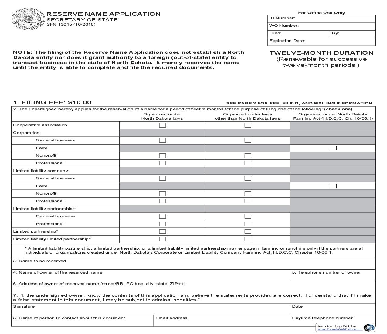 Reserve Name Application {SFN 13015} | Pdf Fpdf Doc Docx | North Dakota