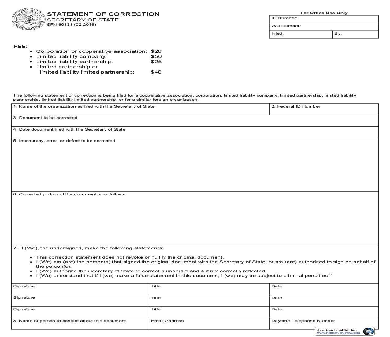 Statement Of Correction {SFN 60131} | Pdf Fpdf Doc Docx | North Dakota