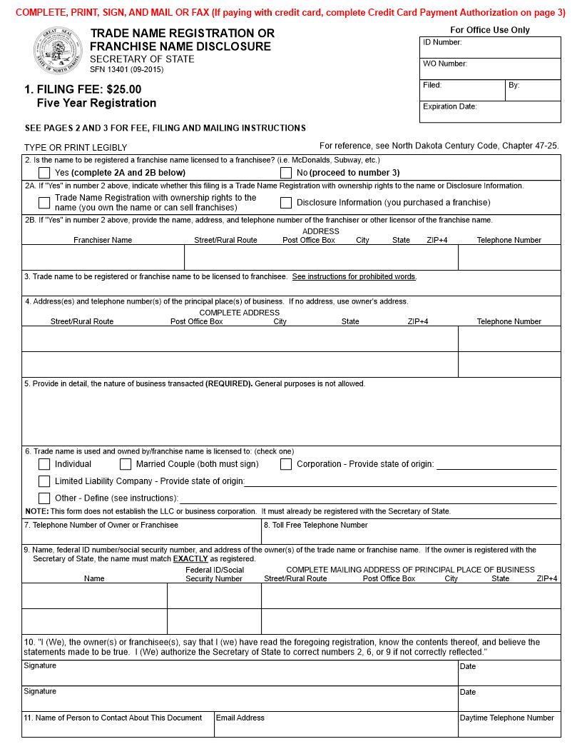 Trade Name Registration Or Franchise Name Disclosure {SFN 13401} | Pdf Fpdf Docx | North Dakota