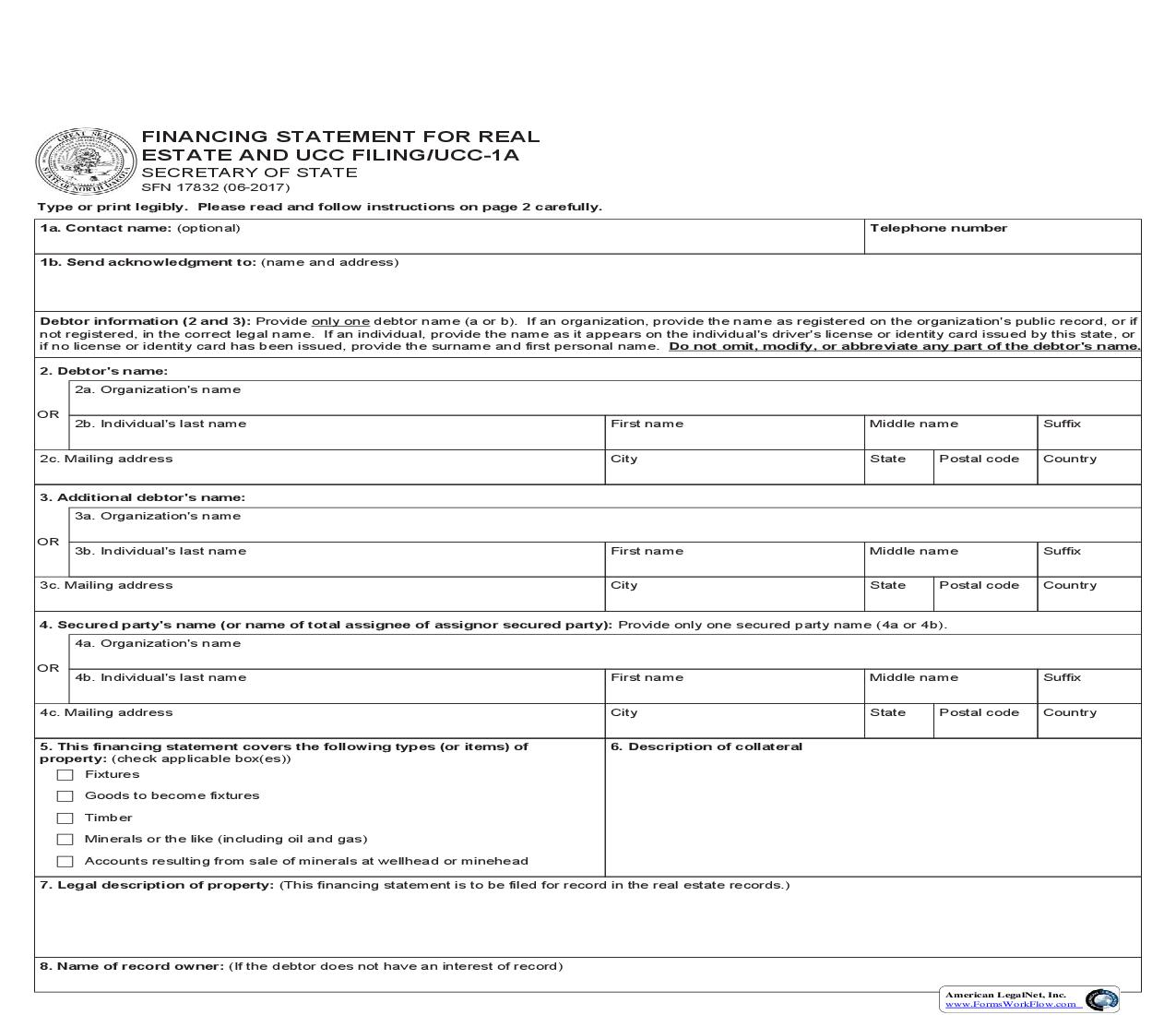 Financing Statement For Real Estate And UCC Filing UCC-1A {SFN 17832} | Pdf Fpdf Doc Docx | North Dakota