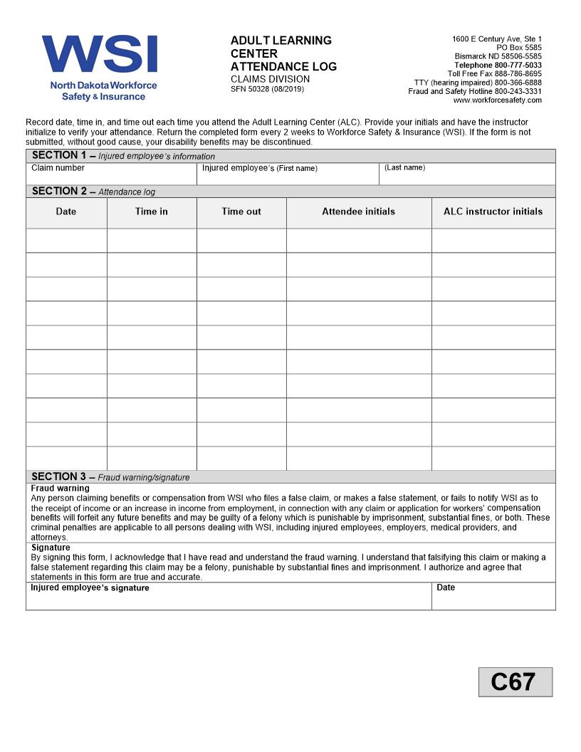 Adult Learning Center Attendance Log {SFN 50328} | Pdf Fpdf Docx | North Dakota