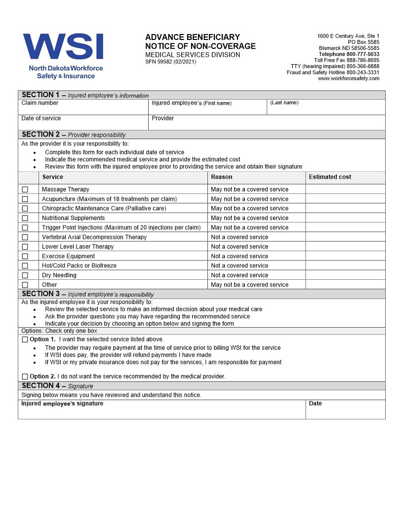 Advance Beneficiary Notice Of Non Coverage {SFN 59582} | Pdf Fpdf Docx | North Dakota
