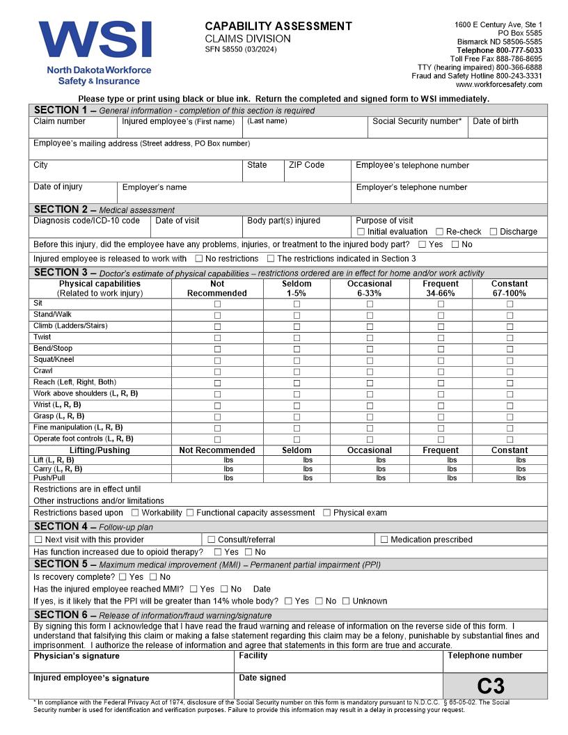 Capability Assessment {SFN 58550} | Pdf Fpdf Docx | North Dakota