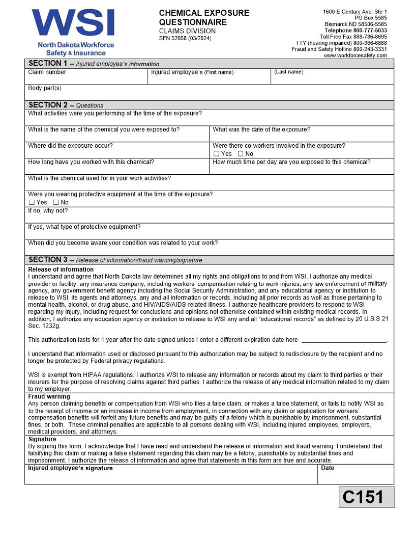 Chemical Exposure Questionare {SFN 52958} | Pdf Fpdf Doc Docx | North Dakota
